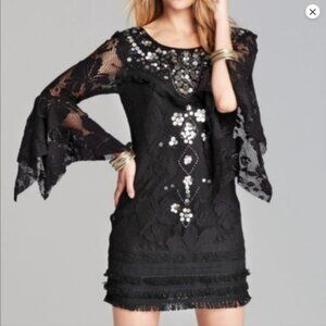 Free People Shell Game Black Lace Shift Dress Mini Beaded LBD Crochet Boho 60s